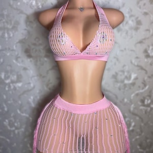 Exotic Dancewear Handmade Rhinestone Fishnet Tassel Skirt Set Optional Thong “Kimmie” Fits S-L | Bikini Coverups | Ravewear | Festivalwear