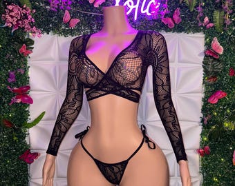 Exotic Dancewear “Venus” 2 Piece Fishnet Criss Crossed Back Tie Top and Side Tie Thong Fits XS-L