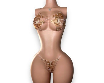 Bikini dancewear exotique : ensemble 2 pièces « Africa » champagne en peau de serpent