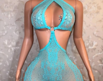 Exotic Dancewear “Splash” Fishnet Lace Romper with O-Ring Neon Baby Blue Fits Curvy M-XXL
