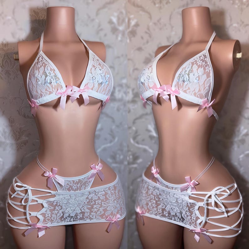 Ensemble de bikini en dentelle 3 pièces pour danse exotique, nœuds optionnels « Lychee K Barker » image 2