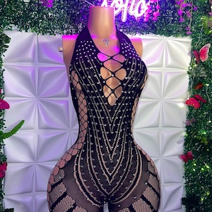 Exotic Dancewear Fishnet Ravewear Festivalwear Mesh Romper “PLT” with Rhinestones. One Size Fits All