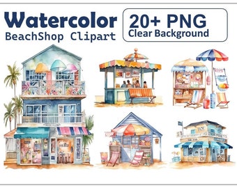 Watercolor BeachShop, 20+ PNG Clipart with Clear Background!