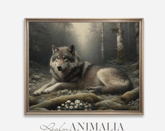Gray Wolf Art Print, Moody Forest Landscape, Wildlife Animal Painting (Digital Download)