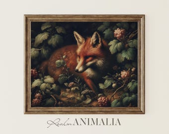 Vintage Fox Art Print, Floral Landscape Painting (Digital Download) FX016