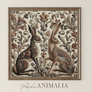 Botanical Hare Embroidered Fabric Print | Neutral Floral Rabbits Printable SQUARE Textile Wall Art | Tapestry Art Digital Download | EM002