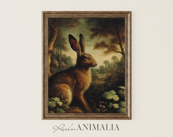 Vintage Hare Painting Print, Antique Rabbit Wall Art, Woodland Animal Portrait