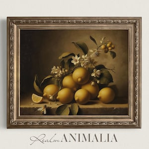 Vintage Still Life Lemon Painting, Moody Kitchen Printable Wall Art, Rustic Flowering Fruit and Bee Print, Citrus Digital Download | FRS002