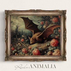 Vintage Bat Print, Antique Victorian Printable Wall Art, Floral Wildlife Painting, Gothic Home Decor, Moody Cottage Digital Download | BT010