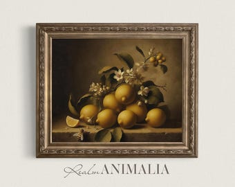 Vintage Lemon Still Life Painting, Moody Kitchen Wall Art (Digital Download)