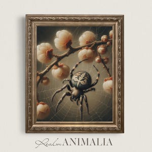 Orb Weaver Spider Art Print, Printable Spider in Spiderweb Wall Art, Floral Botanical Cottagecore Nature Painting, Arachnid Poster | SD006
