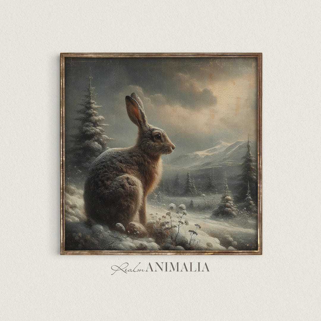 Winter Rabbit Print, Snowy Landscape Wall Art, Rustic Wildlife Animal ...
