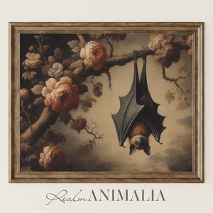 Hanging Bat Printable Painting, Vintage Neutral Floral Botanical Bat Art Print, Moody Wildlife Animal Digital Download Wall Decor | BT003