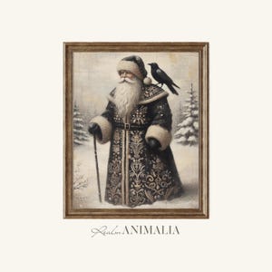 Vintage Santa and Crow Art Print: Antique Style Christmas Decor (Digital Download)