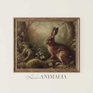 Vintage Hare Print, Woodland Animal Painting, Antique Forest Scene, Rustic Wall Art