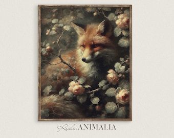 Vintage Fox Print, Floral Animal Wall Art, Antique Style Painting