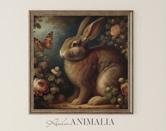 Vintage Rabbit and Butterfly SQUARE Painting | Antique Spring Rabbit PRINTABLE Wall Art | Moody Easter Decor Digital Downloadable | BR005