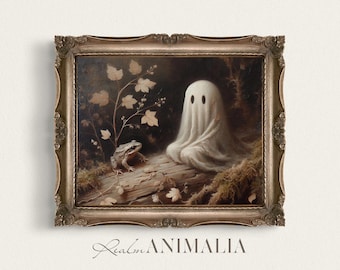 Ghost and Frog Art Print, Moody Fall Painting, Cottagecore Halloween (Digital Download)