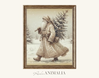 Vintage Santa Claus Art Print, Neutral Christmas Printable Wall Art, Beige Winter Holiday Art Prints, Antique Style Santa Painting | WH115