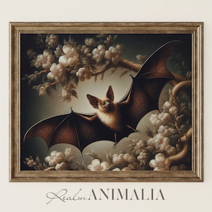 Flying Bat Art Print, Printable Vintage Floral Botanical Bat Painting, Neutral Moody Wildlife Animal Digital Download Wall Poster | BT008