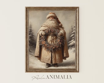 Vintage Santa Claus Art Print, Neutral Christmas Printable Wall Art, Antique Style Santa Painting, Beige Winter Holiday Art Prints | WH141