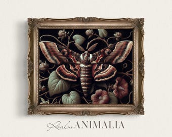 Botanical Moth Art Print, Dark Cottagecore Woodland Nature Wall Art, Printable Moody Floral Insect Painting, Gothic Dark Academia Art |MH008