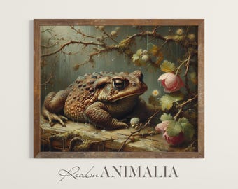 Toad in Rain Print | Printable Cottagecore Animal Wall Art | Vintage Aesthetic Floral Botanical Toad Art Painting Digital Download | TD006