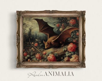 Vintage Bat Print, Antique Victorian Printable Wall Art, Floral Wildlife Painting, Gothic Home Decor, Moody Cottage Digital Download | BT010