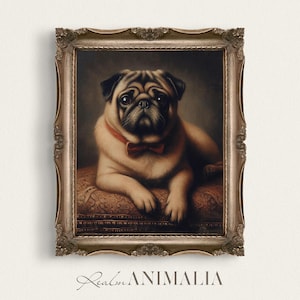 Pug Portrait Print, Printable Wall Art, Vintage Style Dog Painting, Pet Portrait Fine Art, Fawn Pug Dog Wall Art, Digital Download | PG001