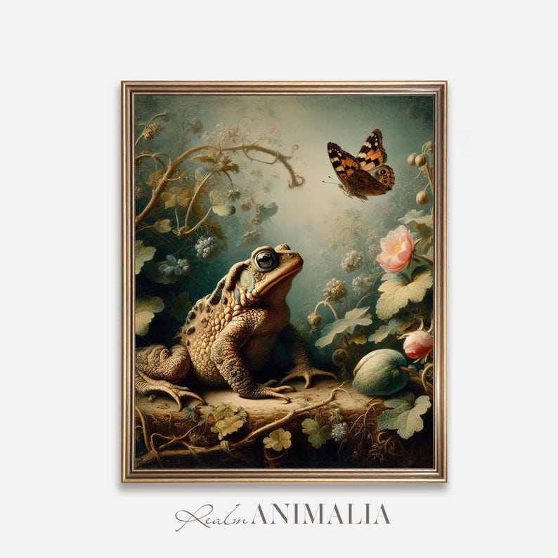 Toad and Butterfly Print, Vintage Nature Wall Art, Nursery Room Animal Decor (Digital Download) image 2