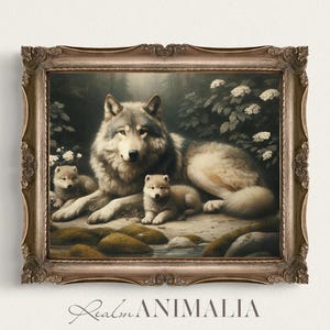 Wolf Family Art Print, Forest Animal Painting, Woodland Wildlife Printable Wall Art, Cottagecore Room Decor, Rustic Nature Art Prints |WF004