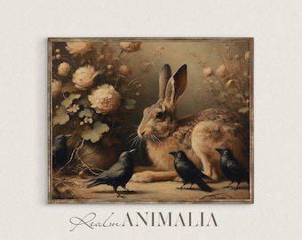 Vintage Hare and Crows Art Print, Floral Wildlife Painting (Digital Download)