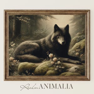 Forest Wolf Art Print, Black Wolf Painting, Moody Wildlife Landscape Printable Wall Art, Cottagecore Woodland Art Prints, Nature Art | WF002