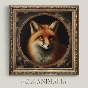 Moody Fox Portrait, Square Art Print, Fox Printable Digital Painting, Vintage Animal Wall Art, Dark Cottagecore Decor, Dark Academia | FX020
