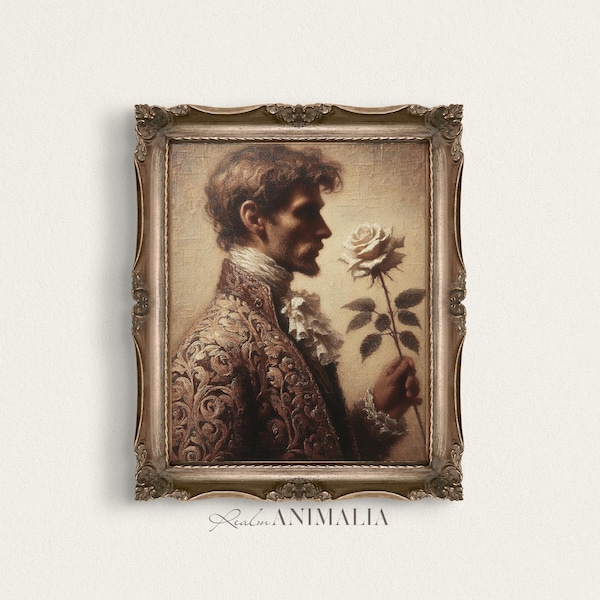 Victorian Gentleman Portrait Art Print, Moody Man with Rose (Digital Download)