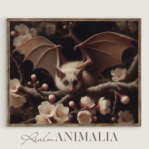 Vintage Bat Art Painting | Dark Cottagecore Perched Bat PRINTABLE Wall Art | Neutral Floral Botanical Bat DIGITAL Download Art Print | BT002