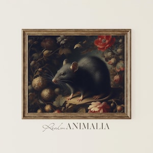 Vintage Rat Art Print, Dark Floral Animal Wall Decor (Printable Digital Download)