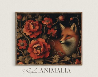 Floral Fox Art Print: Moody Cottagecore Decor (Digital Download) FX024