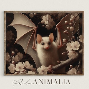 Vintage Bat Art Painting | Dark Cottagecore Perched Bat PRINTABLE Wall Art | Neutral Floral Botanical Bat DIGITAL Download Art Print | BT001
