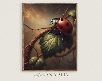 Vintage Ladybug Botanical Print, Dark Cottagecore Wall Art (Digital Download)