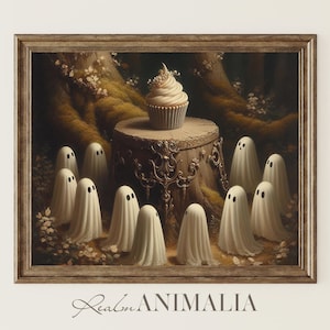 Ghosts Gathering Around Cupcake Art Print, Cute Ghost Painting, Printable Halloween Wall Art, Moody Whimsical Kitchen Art Prints | GH152
