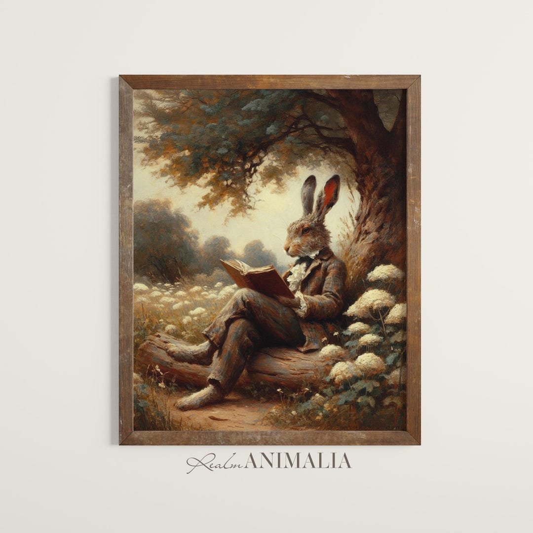 Rabbit Reading Print, Whimsical Animal Decor, Spring Printable Wall Art ...