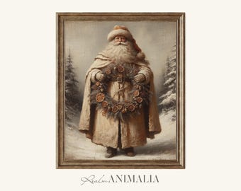 Vintage Santa Claus Art Print, Neutral Christmas Printable Wall Art, Antique Style Santa Painting, Beige Winter Holiday Art Prints | WH141
