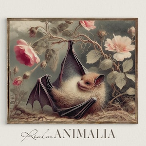 Vintage Bat Print, Antique Watercolor Illustration Painting, Animal Wall Art, Printable Floral Botanical Fine Art, Digital Download | BT009