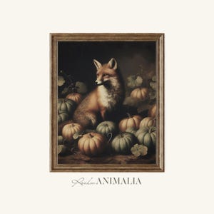 Fox in Pumpkin Patch Vintage Art Print: Rustic Autumn Animal Painting (Digital Download)