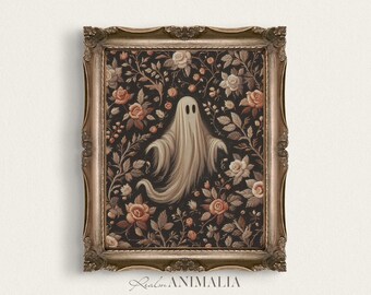 Floral Ghost Print, Spooky Halloween Wall Art, Vintage Style Embroidery Home Decor