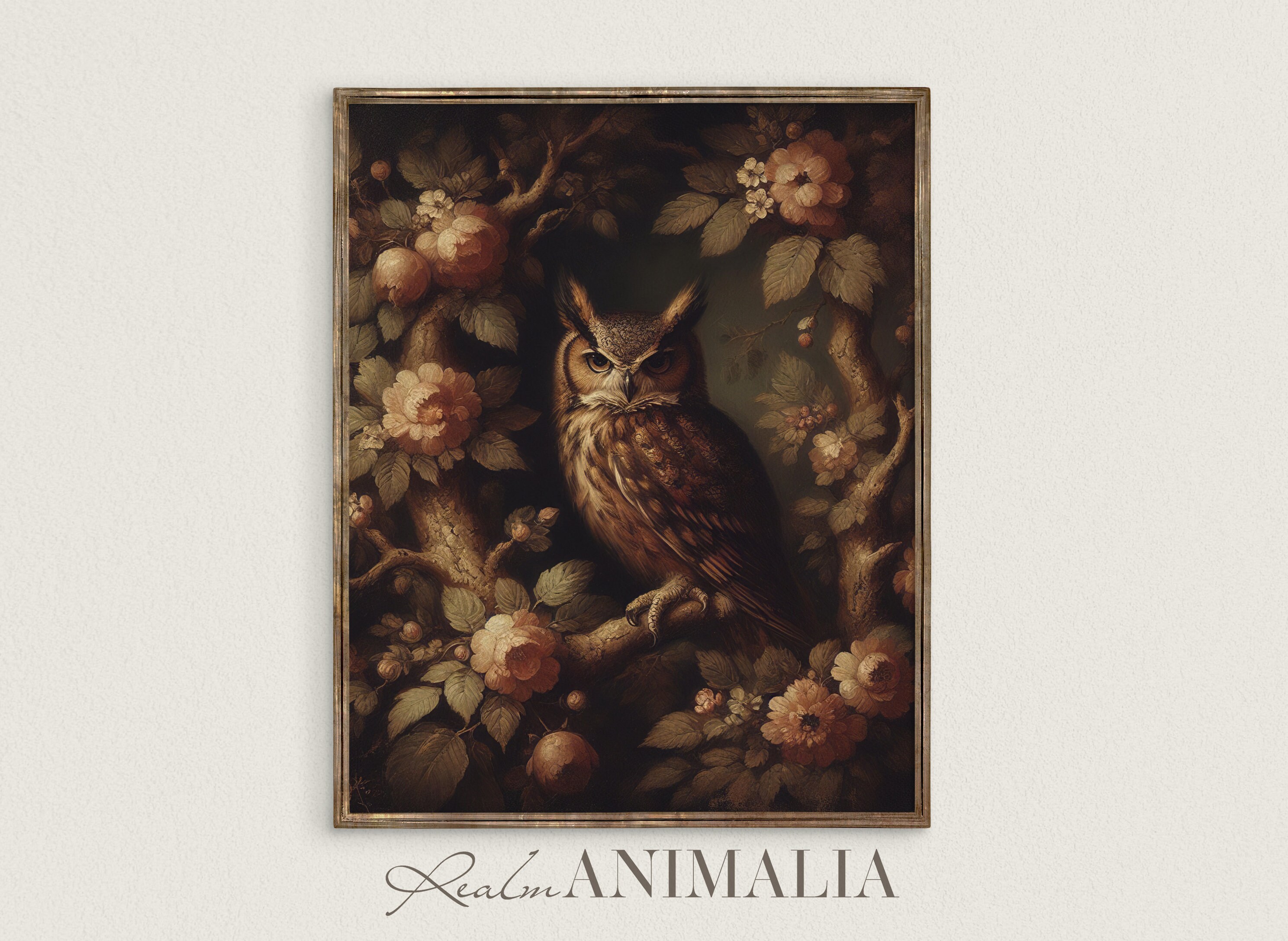 Vintage Moody Owl Print | Floral Botanical Owl Printable Wall Art Decor | Cottagecore Forest Animal 