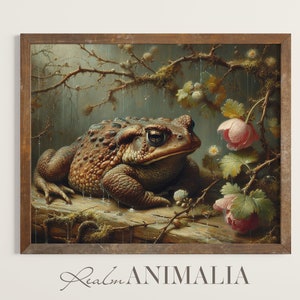 Toad in Rain Print | Printable Cottagecore Animal Wall Art | Vintage Aesthetic Floral Botanical Toad Art Painting Digital Download | TD006