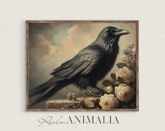 Vintage Raven and Roses Art Print, Dark Academia Wall Decor, Gothic Bird Painting