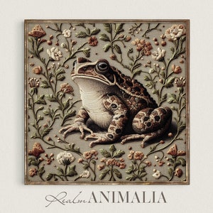 Vintage Toad Embroidery Print, PRINTABLE Square Floral Wall Tapestry, Animal Textile Art, Neutral Botanical Fabric Digital Download | EM019
